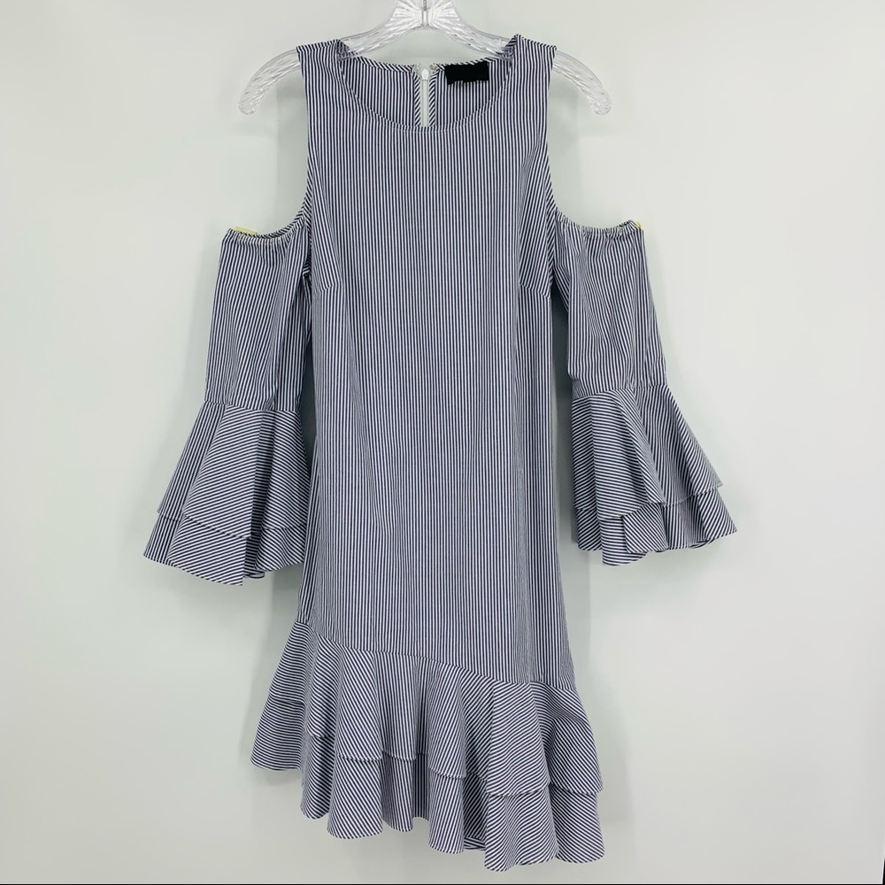 Intermix Ellie Dress Striped Off Shoulder Asymmetric Blue White Size 6